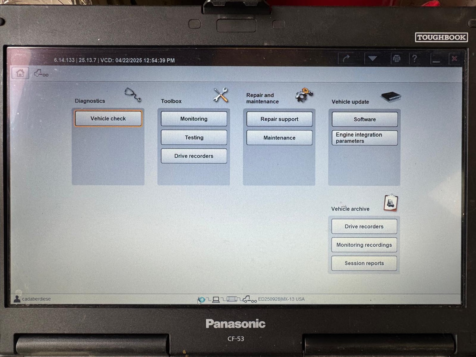 Professional diesel diagnostic software running on a Panasonic Toughbook